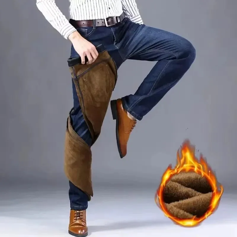 Jeans da uomo foderati in pile riflettente - Fodera spessa e calda Denim resistente e finiture riflettenti Sicuri per gli spostamenti notturni invernali e il tempo libero — image 4