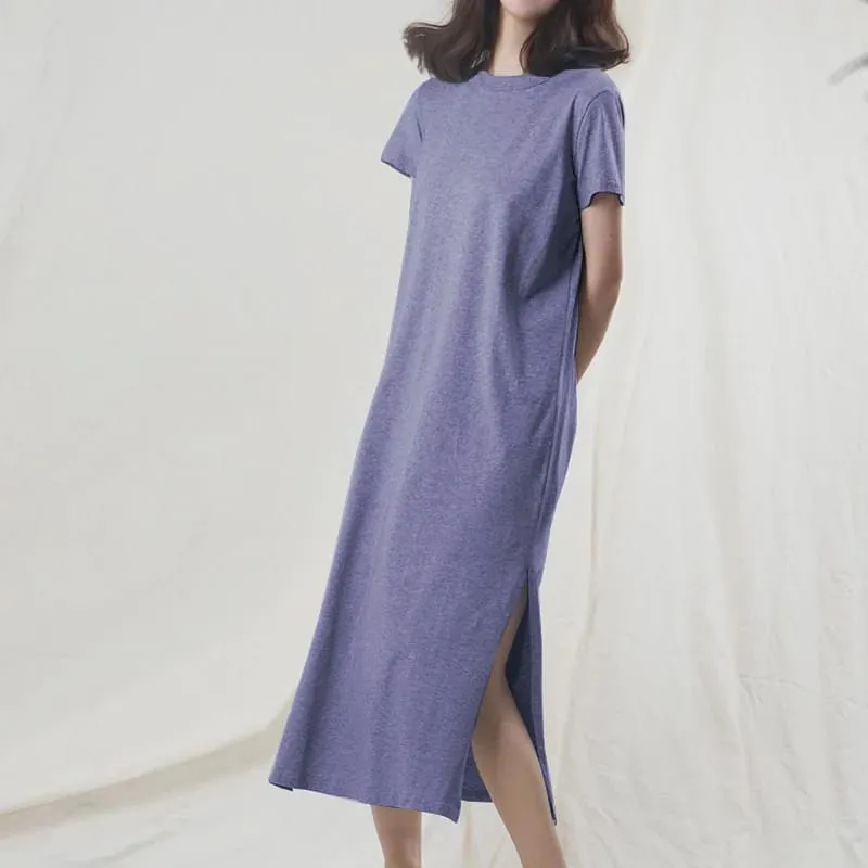 Original Casual 94% Cotton Summer Women's Dresses Solid Short Sleeve Spilt Long Midi Dress Fashion Sundress Female Clothing — image 3