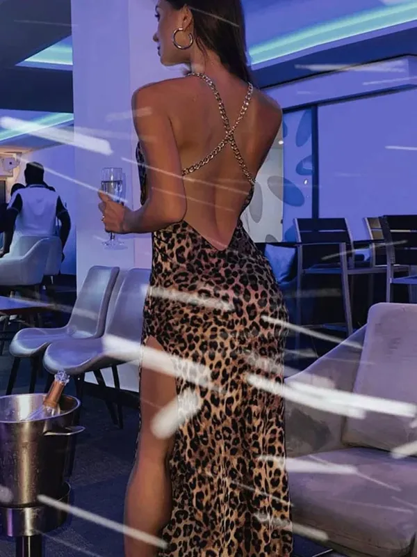 Pakaian Maxi Cetakan Harimau Harimau Wanita Tali Rantai Sebelah Celah Belakang Bodycon Pesta Pakaian Jalanan Seksi 2024 Malam Elegan — image 6