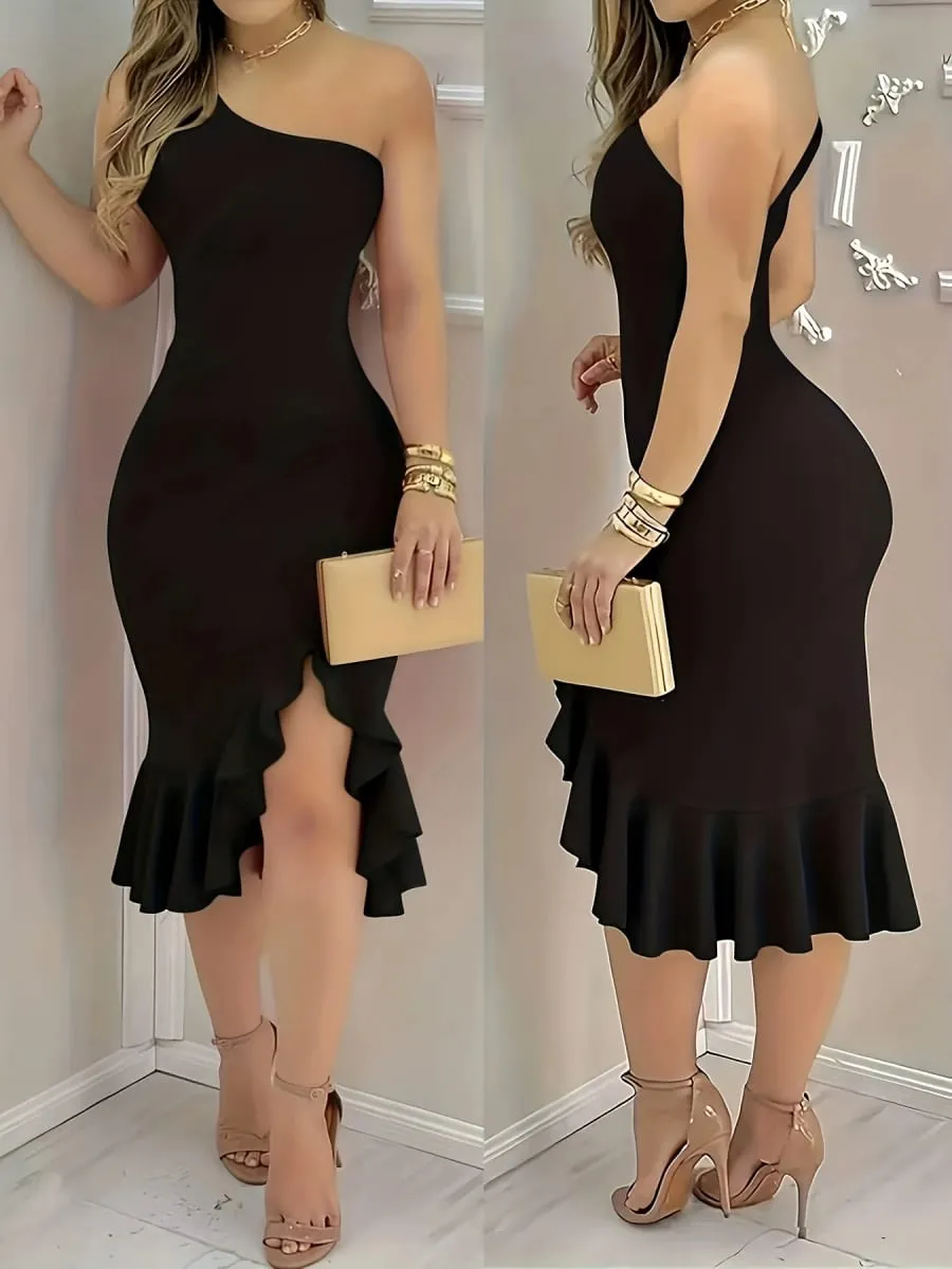 Robe asymétrique sans manches, dos nu, avec ourlet asymétrique, avec détails à volants, jupe asymétrique dénudée, printemps et été — image 3
