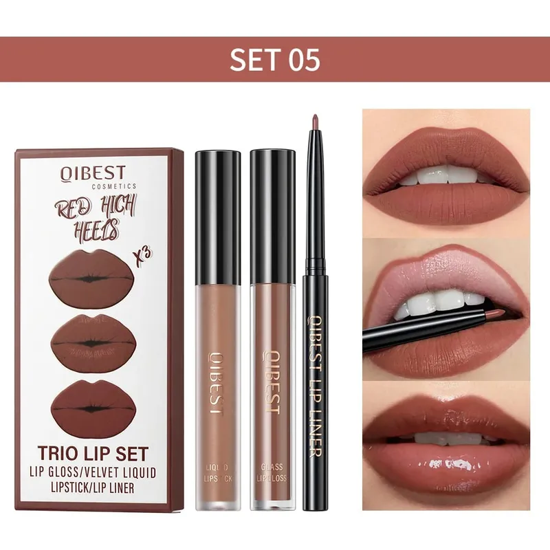 Lipstik Cair Matte & Lip Liner & Lip Gloss 3 Buah Set Kit Kosmetik Pewarna Bibir Merah Hitam Ungu Tahan Lama Anti Lengket — image 14