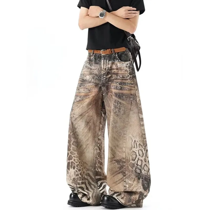 Jeans da uomo larghi stampati leopardati marroni lavati effetto streetwear Pantaloni lunghi in denim a gamba larga casual Estate Novità — image 4