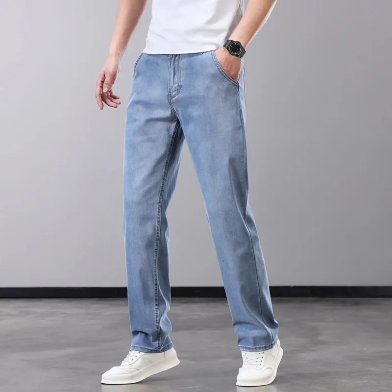 Seluar Jeans Lelaki Nipis Musim Panas Lyocell Fabrik Lembut Bernafas Seluar Denim Lurus Jenama Lelaki Elastik Sutera Ais Seluar Kasual Kelabu Biru — image 4