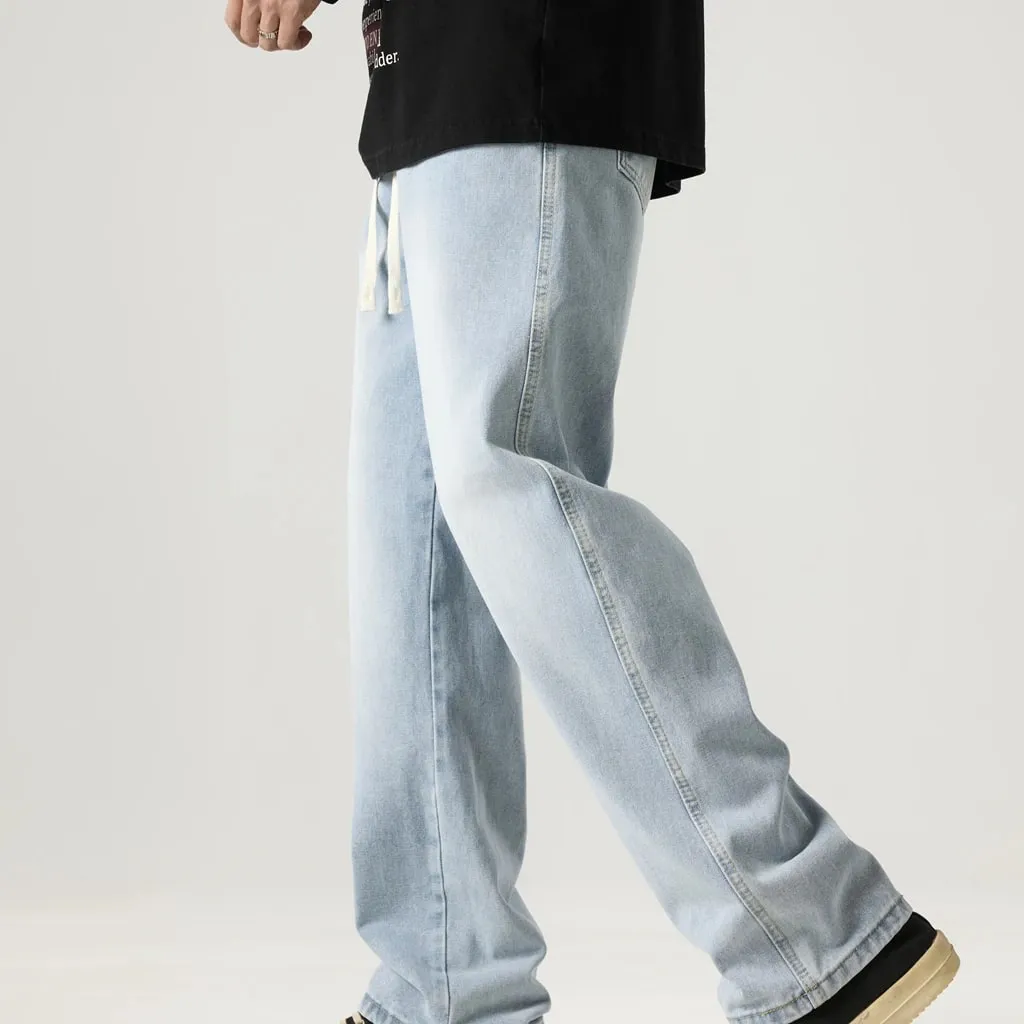 Heren lichtblauwe elastische taille trekkoord losse jeans lente zomer herfst winter veelzijdige comfortabele pasvorm casual denim broek