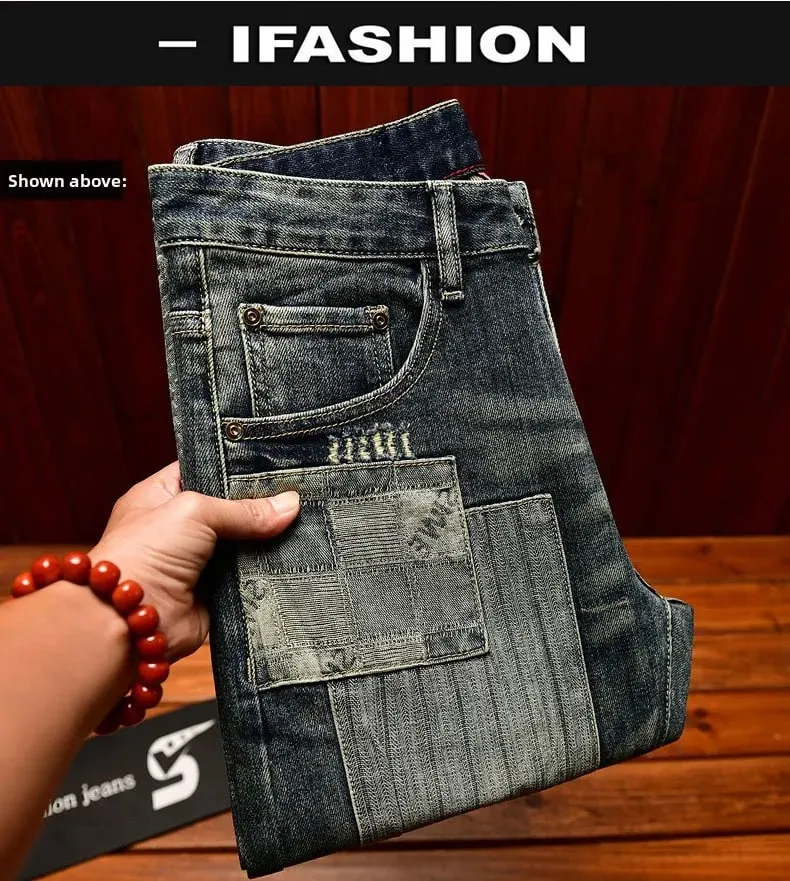 Retro og nostalgisk patchwork-design jeans til mænd trendy og moderigtigt street herretøj slim fit small fod lange bukser — image 8