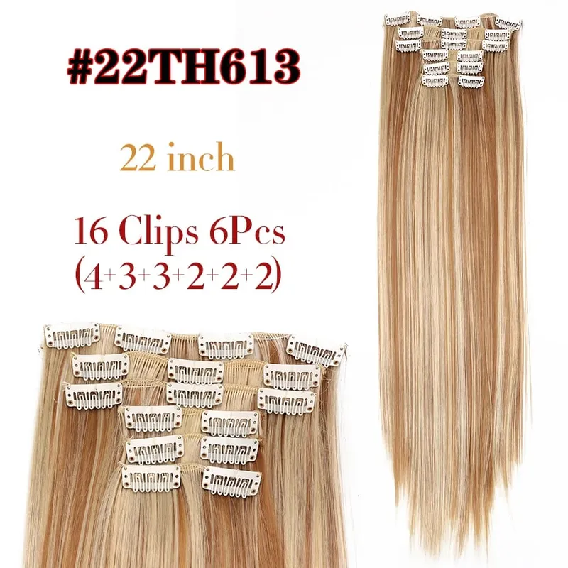 คลิปสีดำในส่วนขยายตรง 22 "ยาวสังเคราะห์หนาคลิปบนผมสำหรับผู้หญิง 6 ชิ้น/เซ็ต CURLY Full HEAD งานแต่งงานทุกวัน — image 18
