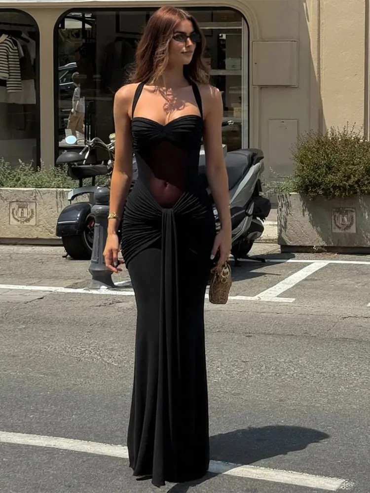 Nibber Halter Mesh Patchwork Dress Women Summer Trend Off Shoulder Backless Ruched Ribbon Midnight Prom Party Hipster Vestidos — image 5