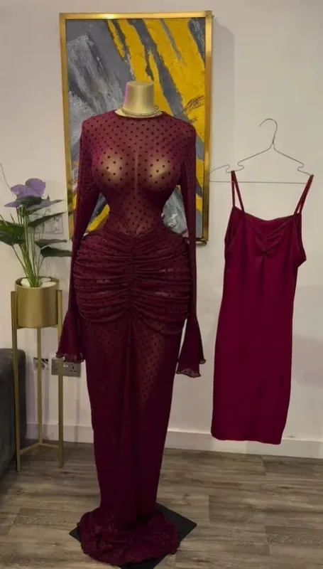 CM.YAYA 2025 Maglia a maniche lunghe increspata da donna Vedi anche se con fodera aderente Abito lungo Autunno sera Compleanno Abiti da festa sexy — image 17