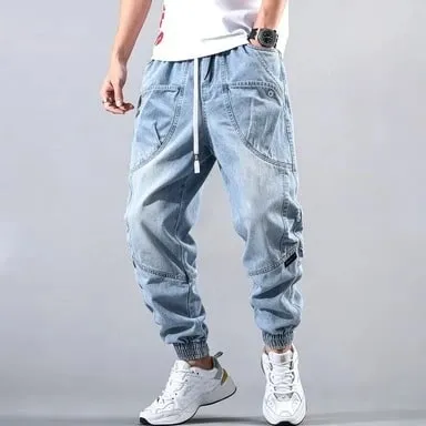 Jean élastique de rue pour hommes, pantalon Cargo en Denim, couleur unie, multi-poches, décontracté, taille moyenne, tenue quotidienne, jogging — image 2