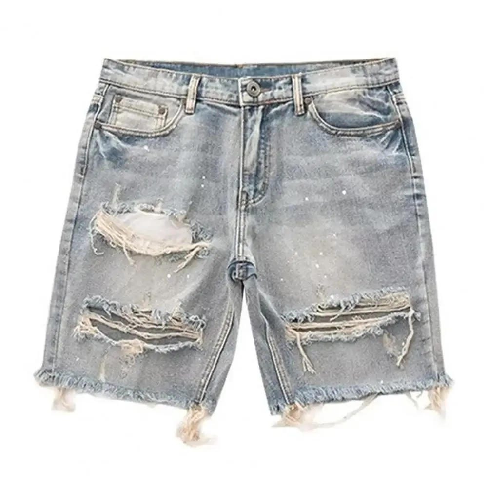 Pantaloncini estivi da uomo in denim effetto invecchiato con bottoni con cerniera e tasche multiple Jeans corti vestibilità dritta con fori strappati lunghezza al ginocchio invecchiato