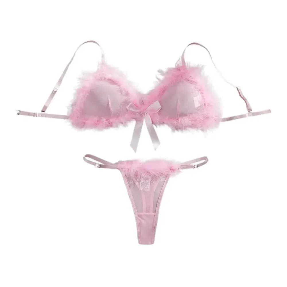 Furry Women's Underwear Wireless Mesh Transparent Lingerie Set Romantic Intimate Bow Decor Bra Panties Suit Anniversary — image 2