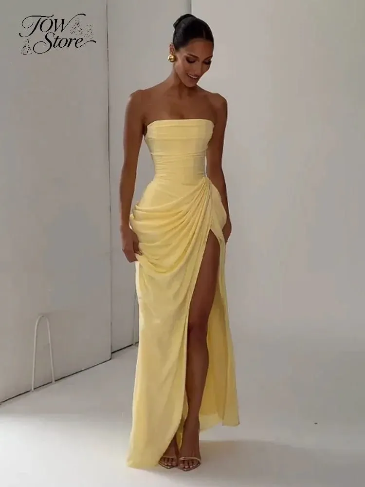 Frauen Sexy Solide Plissee Liebsten Kleid Dame Chic Off-schulter Backless Hohe Taille Split Kleider 2026 Sommer Abend Party kleid — image 2