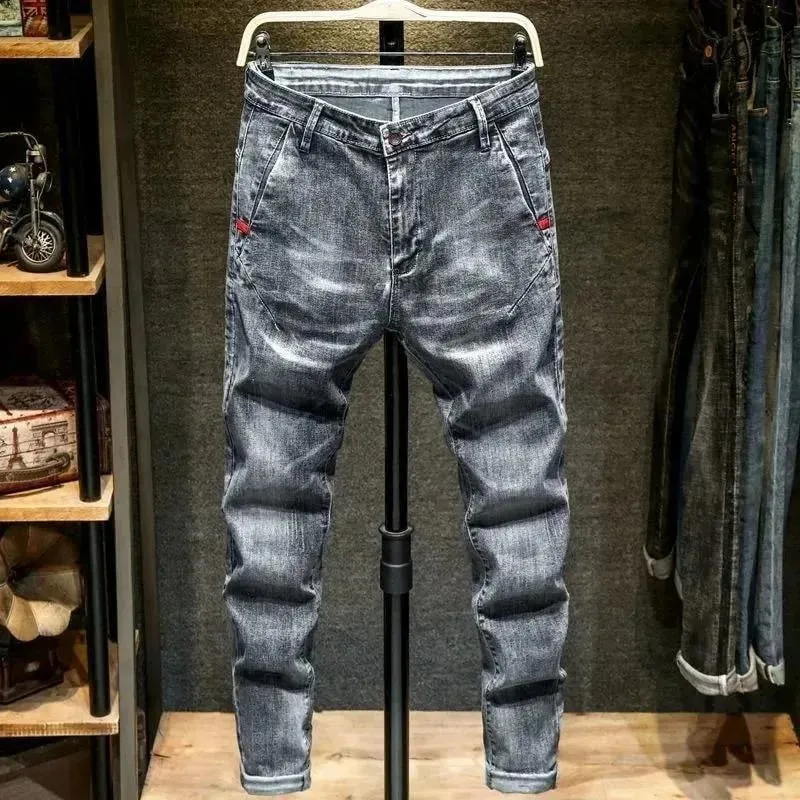 Xu Hướng Xuân Thu Màu Trơn Chân Thẳng Co Giãn Quần Jean Denim Nam Slim Fit Thoải Mái Thể Thao Quần Jean Cao Cấp