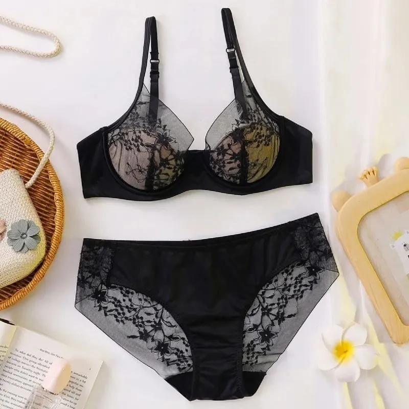 Ensemble soutien-gorge et culotte en dentelle pour femmes, Bralette élégante, bonnet Triangle sans fil, sans armatures, sous-vêtements fins, froncés, ensemble de Lingerie confortable — image 7