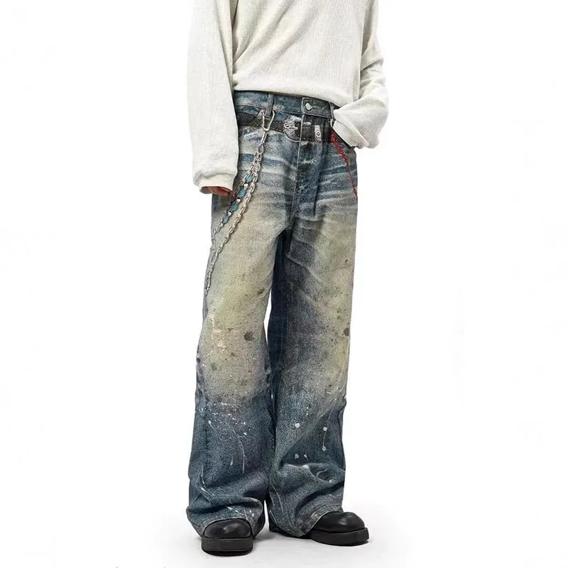 Niche Design Herren-Denim-Hosen, Kettendruck, Kontrastfarbe, Spritztinte, lässig, weites Bein, Vintage, lockere Herren-Jeans 9W4170 — image 4