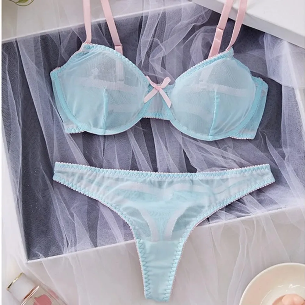 Conjunto de lencería Sexy de encaje ligero semitransparente con tiras finas y empalme de malla azul para mujer — image 2