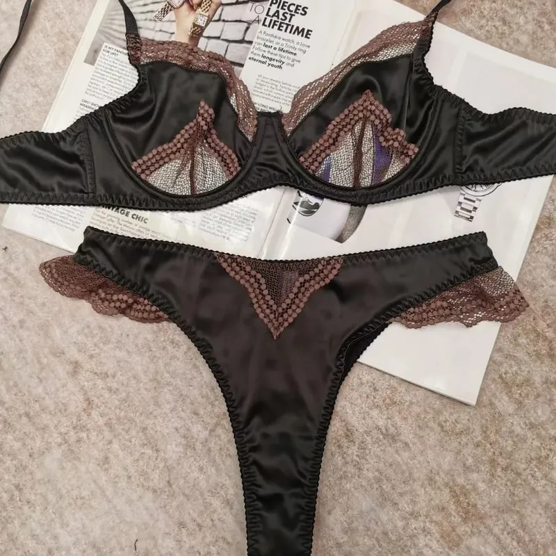 Reggiseno da donna in rete di raso con giunture in pizzo ultra sottile minimizzatore anti-abbassamento supporto morbido lingerie per ragazze 32‑38AB completo — image 8