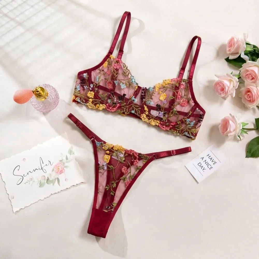 2-Piece Floral Lingerie Set Sheer Versatile Underwear Intimates Embroidery Underwire Push-up Bra Panty Set For Lady Girl