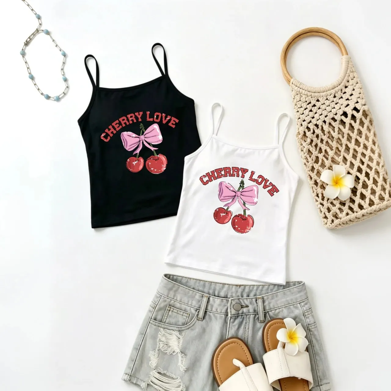 Top Tank Grafik Cherry Merah Wanita Musim Panas Kamisol Spaghetti Strap Rompi Tanpa Lengan Kasual Percutian Pantai Tops Gadis Sejuk Streetwear — image 3