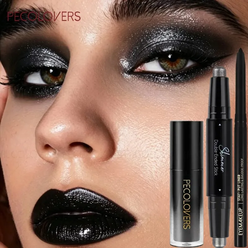 3 ชิ้น/เซ็ต Matte ลิปสติก + อายไลเนอร์สีดำ + ปากกาอายแชโดว์เงา Match สร้างสีดำ Punk แต่งหน้ายาวนานฮาโลวีน/ปาร์ตี้ — image 2