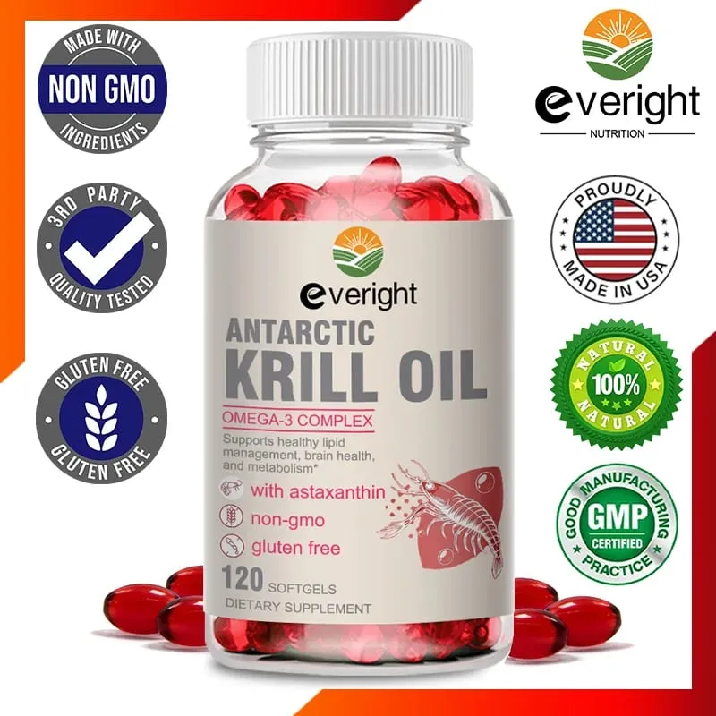 Aceite de Krill - Complejo de fosfolípidos omega-3 con astaxantina - Apoya la gestión de lípidos Metabolismo Salud cerebral y cardíaca - EPA DHA