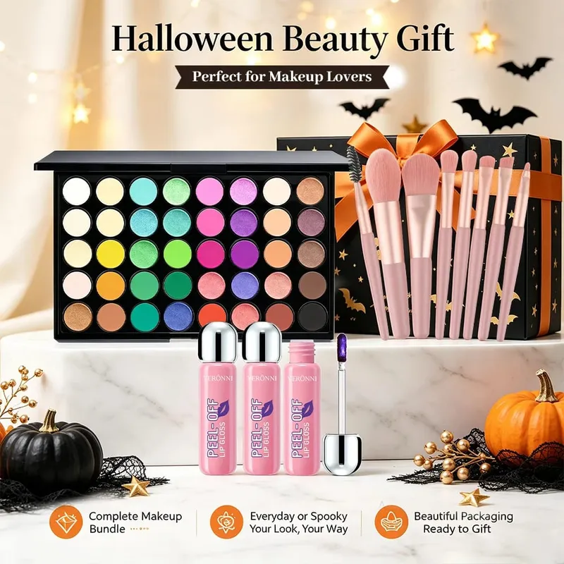 Kit per il trucco da 5 pezzi Palette di ombretti da 40 colori + 3 lucidalabbra staccabili con 8 pennelli Ombretto opaco brillante Ombretto per trucco completo Regalo — image 2