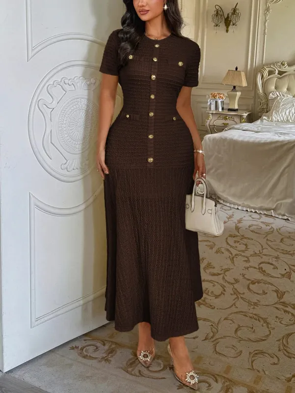 Einfarbiges Midikleid für Damen, kurzärmelig, mit goldenen Knöpfen verziert, tailliertes Kleid mit ausgestelltem Saum, elegantes Retro-Outfit für Verabredungen und Partys — image 7