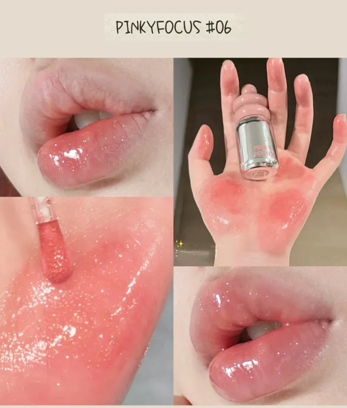Pinkyfocus Olio per labbra trasparente lucidante Finitura in vetro idratante Tonalità nuda non appiccicosa Ideale per stratificare per illuminare le labbra — image 10