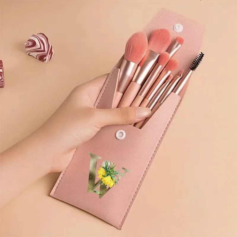 Juego de brochas de maquillaje para principiantes, brochas suaves y esponjosas para rostro y ojos con bolsa de PU, ideal para maquilladores, patrón de flores doradas — image 30