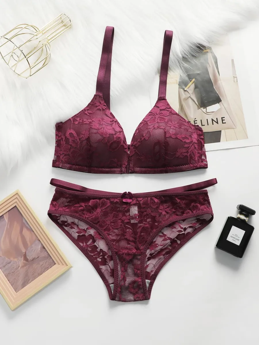 ผู้หญิง Sheer Lace Bra ชุดตะขอปิดด้านหน้าไร้สาย V คอ Brassiere Burgundy ดอกไม้ลูกไม้ชุดชั้นในกางเกงชั้นในเซ็กซี่ชุดชั้นใน — image 8