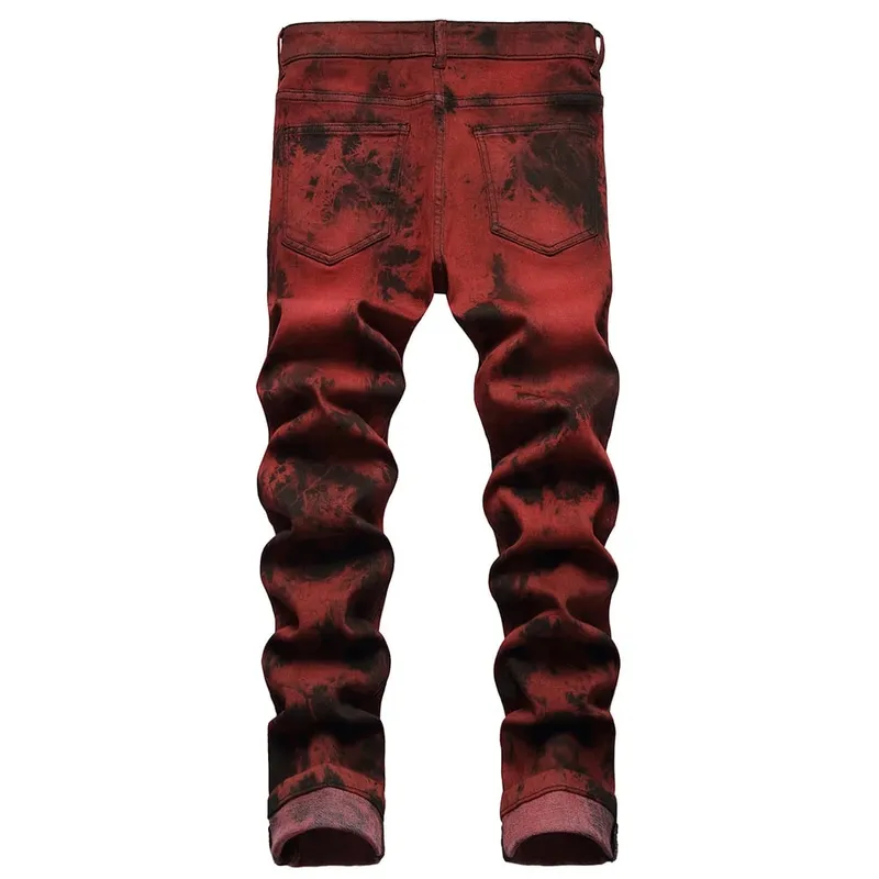 Men Tie and Dye Stretch Denim Jeans Brick Red Slim Straight Pants Streetwear Trousers — image 2