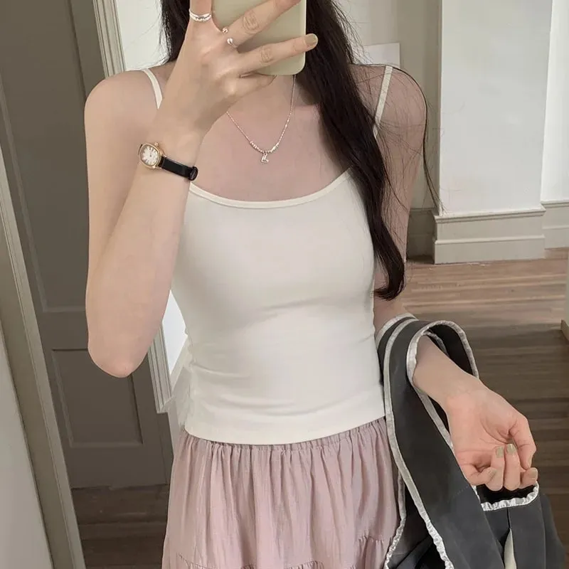 ผู้หญิงสีทึบสายรัดแขนกุด Slim Camisole พร้อมแผ่นหน้าอกสบาย Daily TOP Travel ภายในกีฬาผ้าฝ้ายเสื้อกั๊ก — image 7