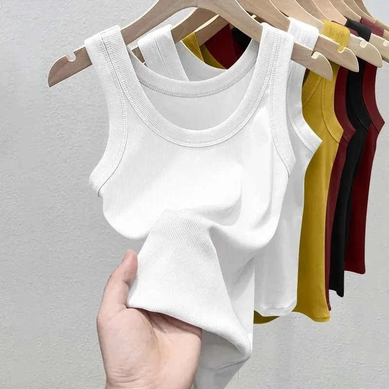 Nữ Chắc Chắn Cổ Tròn RibbedTop Yếm Mùa Hè Cơ Bản Co Giãn Spaghetti Dây Top Nhẹ Thoáng Mát Đế Áo Vest Không Tay — image 3