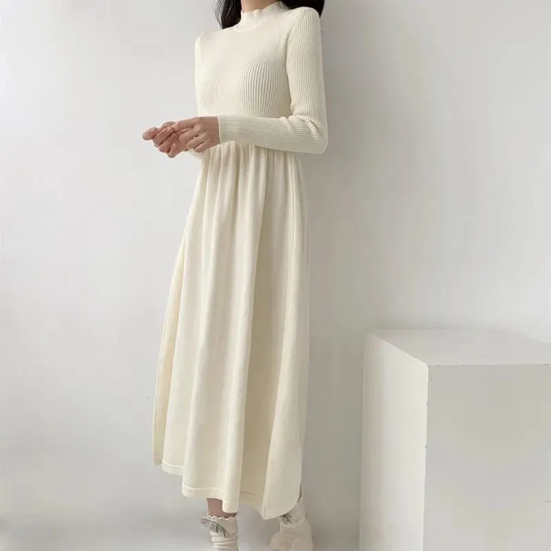 가을 겨울 여성 니트 드레스 모든 경기 단순 솔리드 하프 하이 칼라 롱 드레스 여성 한국어 세련된 하이 웨이스트 a 라인 드레스