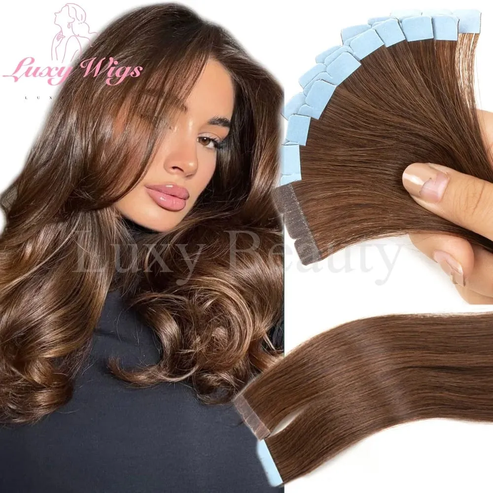 In evidenza Mini nastro marrone nelle estensioni dei capelli umani Mini nastro invisibile senza cuciture su doppio lato biondo nero naturale nei capelli 10 pezzi — image 10