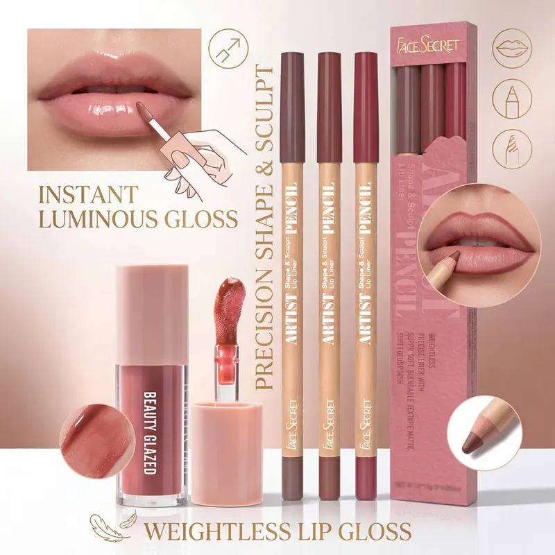 4 Buah Set Lip Liner & Lip Gloss Kit Rias Bibir Harian Halus Tahan Air Tahan Lama Tahan Noda — image 7