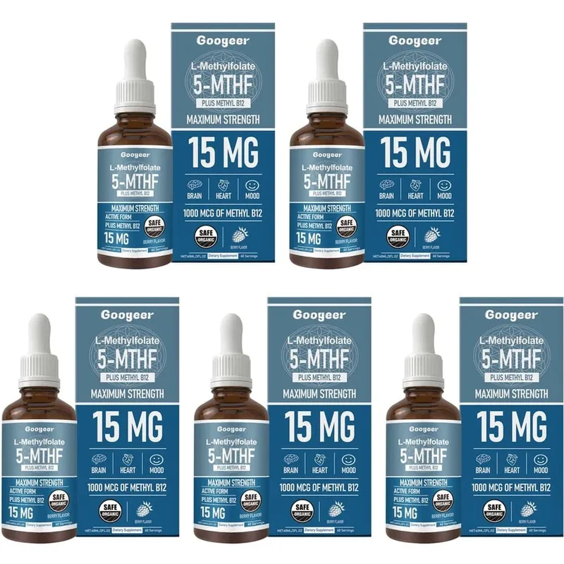 Googeer L-metilfolato 5-MTHF gocce liquide con metil B12 15 mg 1000 mcg Forza massima Cuore Cervello Supporto per l'umore 60 ml — image 11