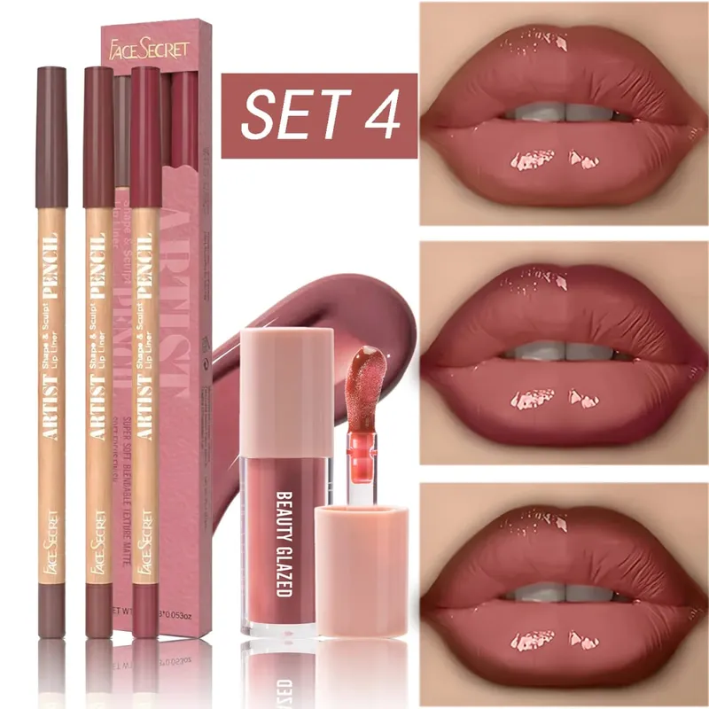 4 Buah Set Lip Liner & Lip Gloss Kit Rias Bibir Harian Halus Tahan Air Tahan Lama Tahan Noda