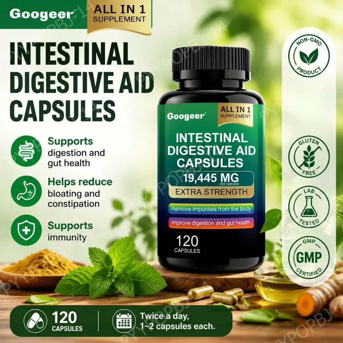 Googeer Intestinal Digestive Aid Capsules Fischölextrakt unterstützt die Verdauung und die Darmgesundheit unterstützt die Immunität 120 Kapseln — image 1