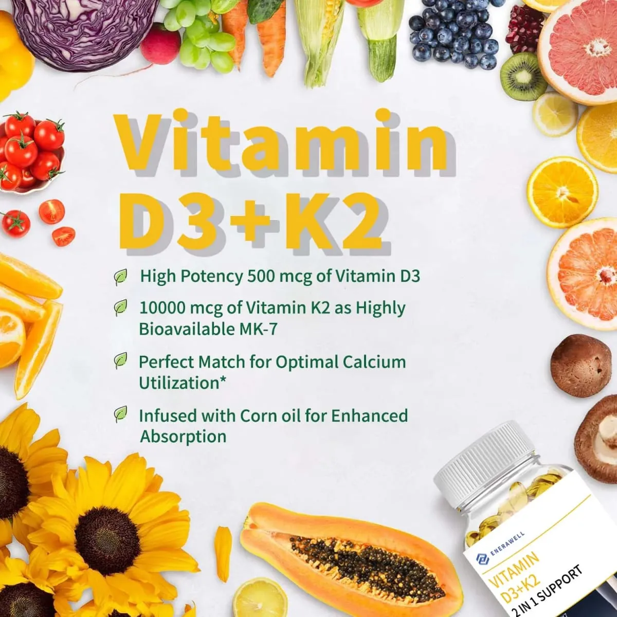 Vitamin D3 K2 MK-7 Supplement Næringsstofstøtte til knoglesundhed Tænder Hjertesundhed og immunfunktion 120 kapsler — image 7
