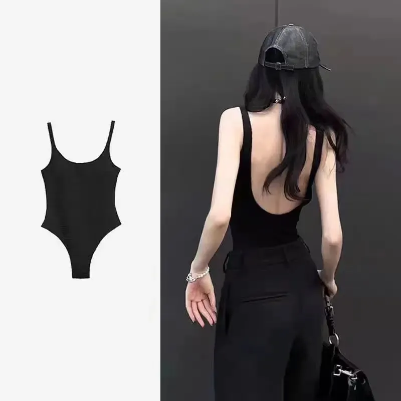 สีดำStrappyบอดี้สูทเซ็กซี่Backless Ribbedบอดี้สูทRomper String Femmeเซ็กซี่แขนกุดTop Gloved bodysuit Bodyหญิง — image 6
