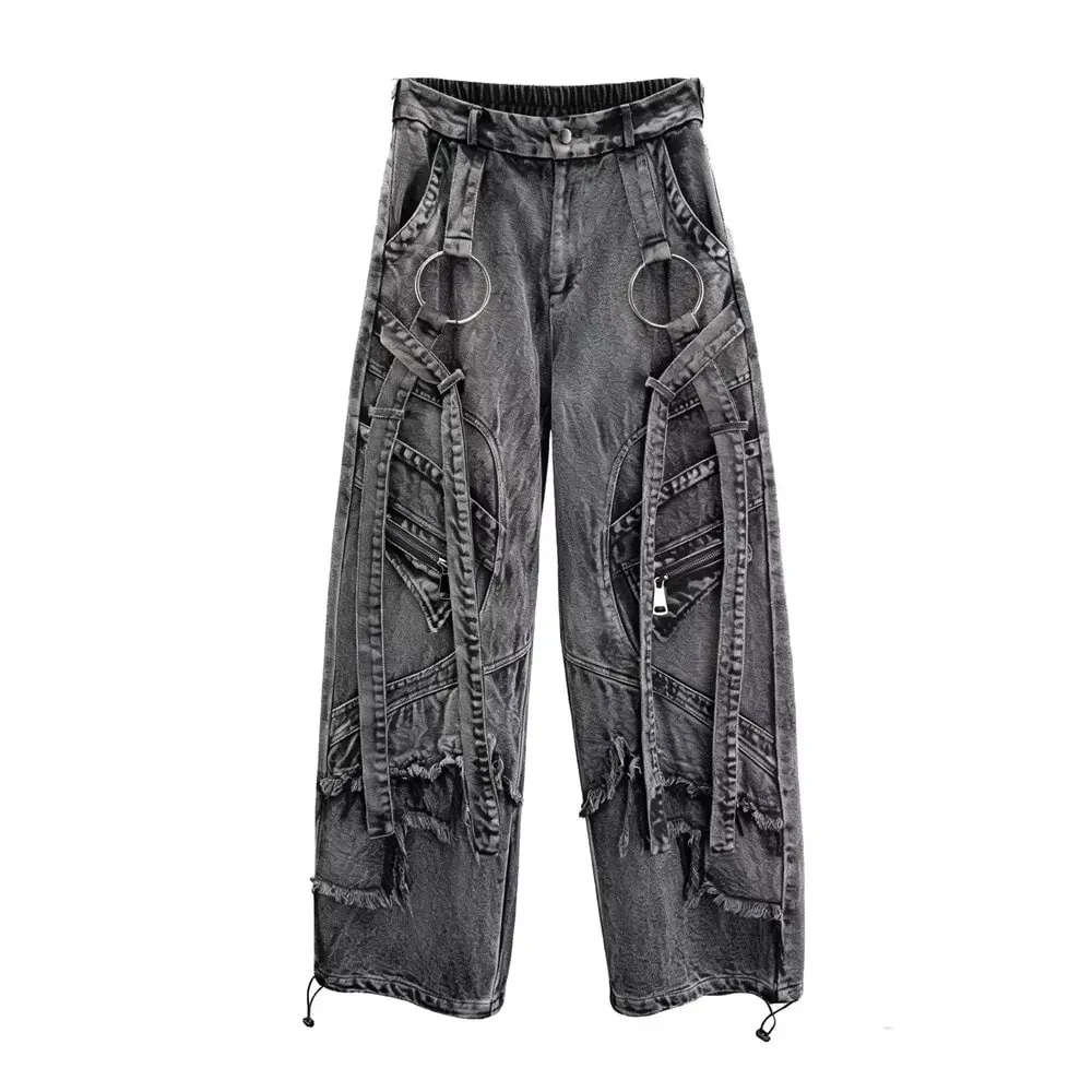 Deconstructed สายรัดล้าง Vintage Cargo กางเกงยีนส์ Man Woman Techwear Wasteland สไตล์ขากว้างยุทธวิธี Baggy กางเกง Street Wear