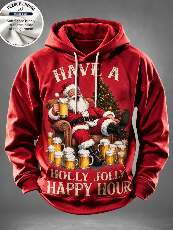 Men Fleece Lined Hoodie Santa Beer Christmas Tree Print Pullover Hooded Sweatshirt Holiday Hoody — image 4