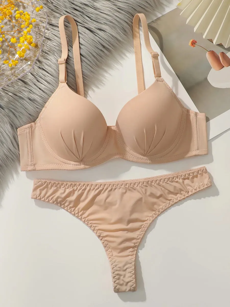 New Solid Color Daily 2-piece Women's Underwear Set 3/4 Cup Paired with Sexy Thongs Simple and Comfortable Lingerie — image 2