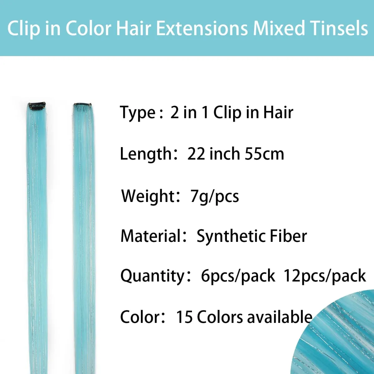 Extension de cheveux synthétique à clips bleu ciel, guirlandes argentées mélangées, postiche arc-en-ciel, points forts de fête de vacances pour femmes et filles — image 4