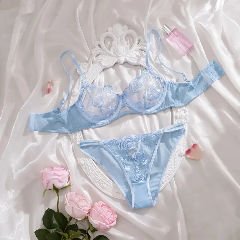 Biru Muda Floral Rose Bordir Mesh Lingerie Set Underwire Bra Thong Wanita Seluar Dalam Eksotik Pakaian Tidur Intim Seksi