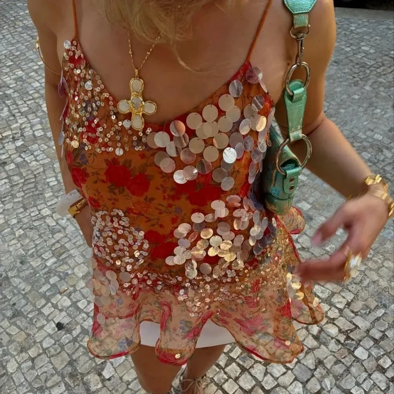 Y2k Floral Pailletten Patchwork Crop Tops für Frauen Sparkly Strappy Tank Tops Sexy V-ausschnitt Top Konzert Outfits Party Beachwear — image 2