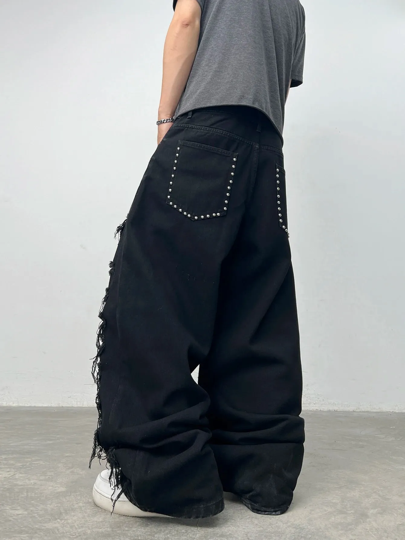 American High Street Hai Lớp Miếng Dán Rách Đính Đá Thiết Kế Nam Màu Đen Quần Jeans Lỏng Lẻo Y2K Đường Phố Hip-Hop Quần Ống Rộng Thời Trang — image 7