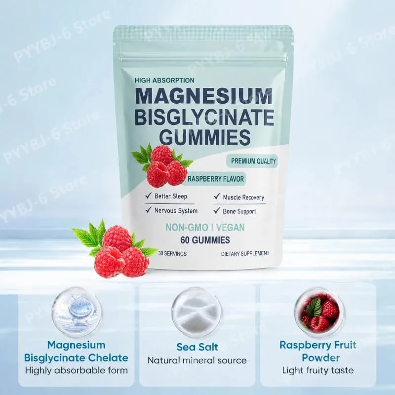 Caramelle gommose bisglicinate di magnesio ad alto assorbimento sapore di lampone vegano 60 conteggi supporto per la salute delle ossa muscolari non OGM senza glutine — image 4