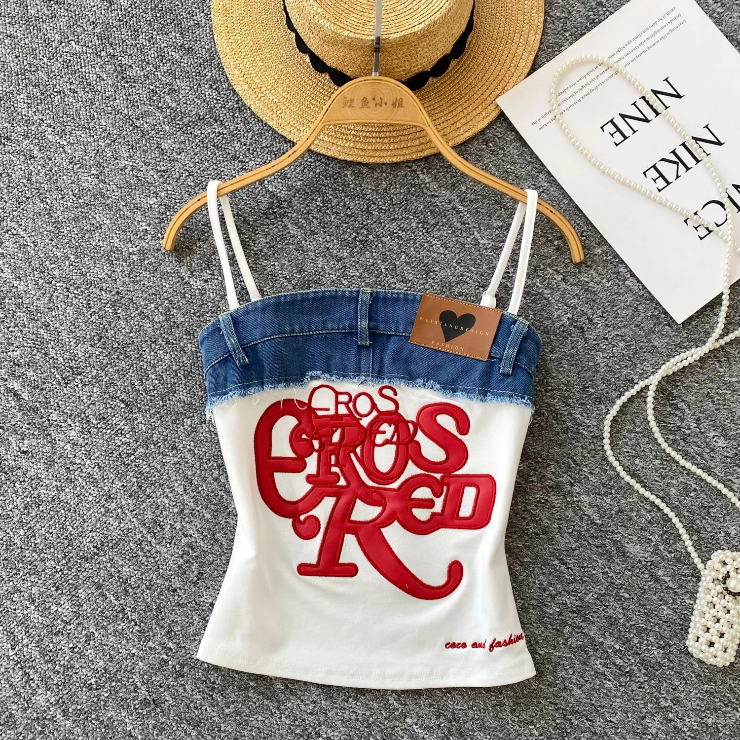 American Retro Y2k Strap Tops Letter Embroidery Denim Patchwork Fashion Design Women Hotsweet Streetwear Slim Crop Top — image 8